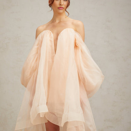 Giana Peach Silk Polyester Mini Dress Boned Bodice Ruffled V-neck Bow Embellishment Rear Zip Fastening