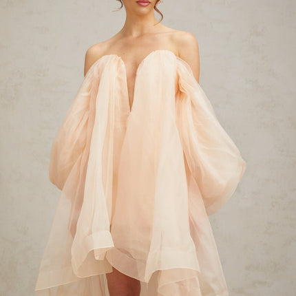 Giana Peach Silk Polyester Mini Dress Boned Bodice Ruffled V-Neck Bow Embellishment Rear Zip Fastening