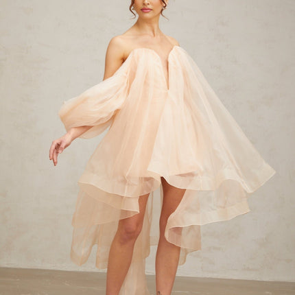 Giana Peach Silk Polyester Mini Dress Boned Bodice Ruffled V-Neck Bow Embellishment Rear Zip Fastening
