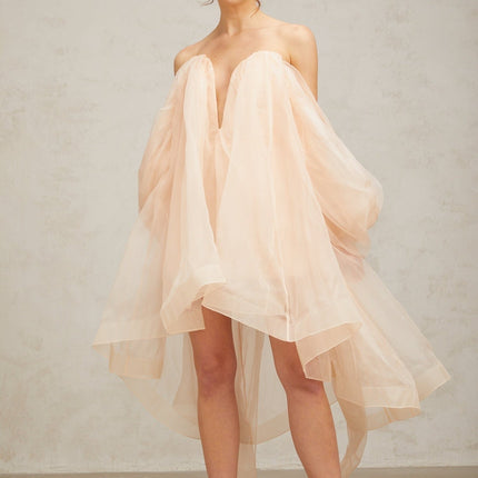 Giana Peach Silk Polyester Mini Dress with Boned Bodice and Ruffled Detailing
