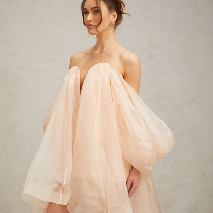 Giana Peach Silk Polyester Mini Dress with Boned Bodice and Ruffled Detailing