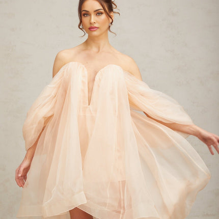 Giana Peach Silk Polyester Mini Dress Boned Bodice Ruffled Detailing Bow Embellishment