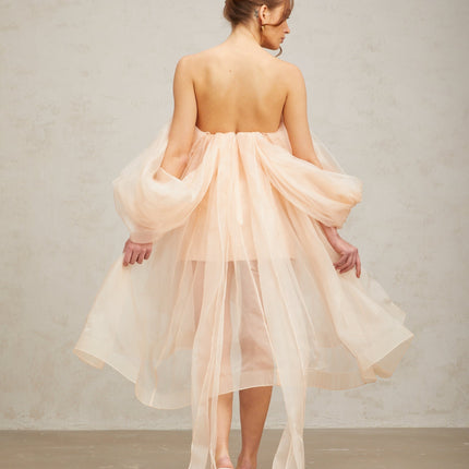 Giana Peach Silk Polyester Mini Dress with Boned Bodice and Ruffled Detailing