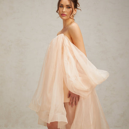 Giana Peach Silk Polyester Mini Dress Boned Bodice Ruffled V-Neck Bow Embellishment Rear Zip Fastening