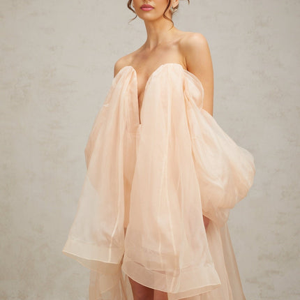 Giana Peach Silk Polyester Mini Dress Boned Bodice Ruffled V-Neck Bow Embellishment Rear Zip Fastening