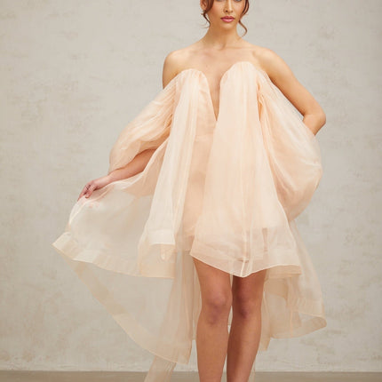 Giana Peach Silk Polyester Mini Dress with Boned Bodice and Ruffled Detailing
