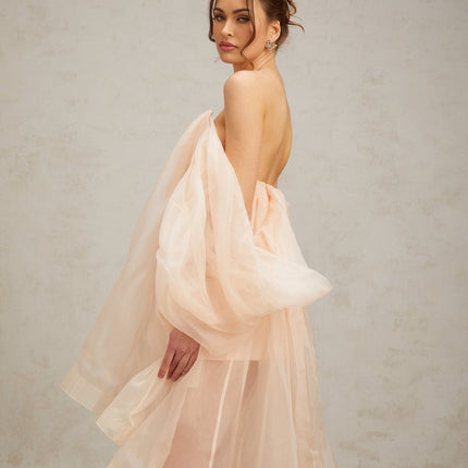 Giana Peach Silk Polyester Mini Dress Boned Bodice Ruffled V-Neck Bow Embellishment Rear Zip Fastening