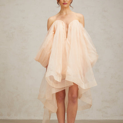 Giana Peach Silk Polyester Mini Dress Boned Bodice Ruffled V-neck Bow Embellishment Rear Zip Fastening