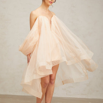 Giana Peach Silk Polyester Mini Dress with Boned Bodice and Ruffled Detailing