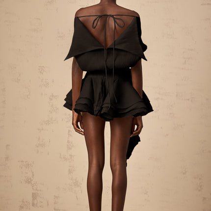 Gianna Black Floral Appliqué Pleated Mini Dress with Off-the-Shoulder Design and Ribbon Detailing