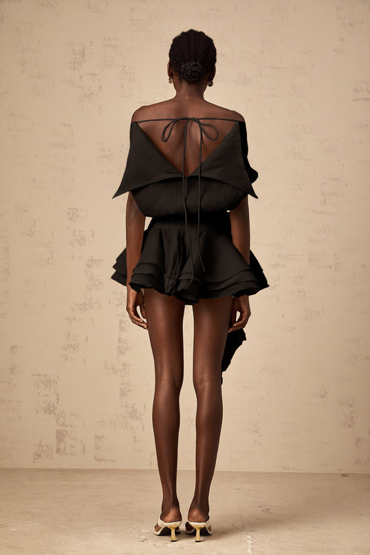 Gianna Black Floral Appliqué Pleated Mini Dress with Off-the-Shoulder Design and Ribbon Detailing