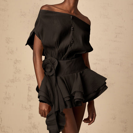 Gianna Black Floral Applique Pleated Mini Dress with Off-the-Shoulder Design and Ribbon Detailing