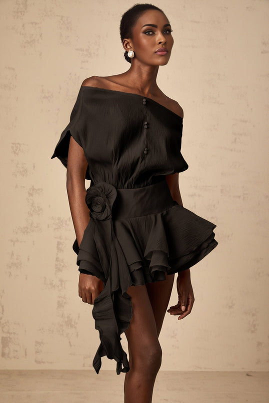 Gianna Black Floral Applique Pleated Mini Dress with Off-the-Shoulder Design and Ribbon Detailing