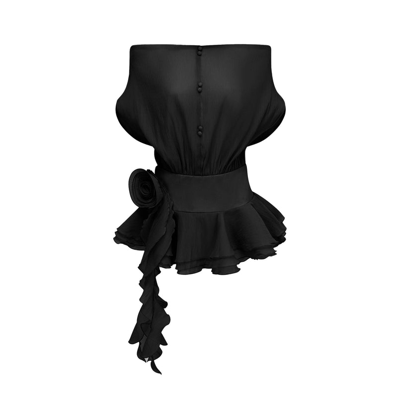 Gianna Black Floral Applique Pleated Off-Shoulder Mini Dress with Ribbon Detailing and Decorative Buttons