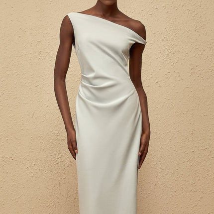 Gianna Midi Dress in Blue one-shoulder sleeveless fitted waistline gathering details side slit side zip fastening calf-length light blue Terylene fiber upscale occasion