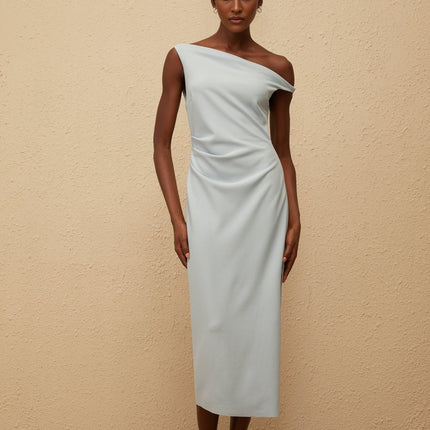 Gianna Midi Dress in Blue one-shoulder sleeveless fitted waistline gathering details side slit side zip fastening calf-length light blue Terylene fiber upscale occasion