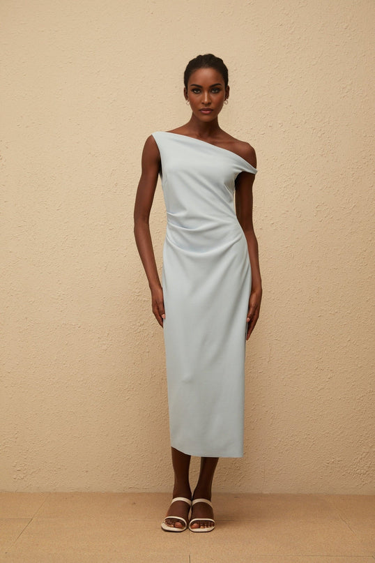 Gianna Midi Dress in Blue one-shoulder sleeveless fitted waistline gathering details side slit side zip fastening calf-length light blue Terylene fiber upscale occasion