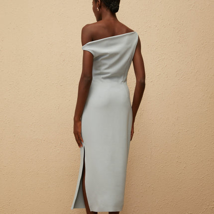 Gianna Midi Dress in Blue one-shoulder sleeveless fitted waistline gathering details side slit side zip fastening calf-length light blue Terylene fiber upscale occasion