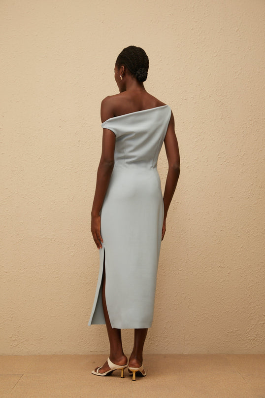 Gianna Midi Dress in Blue one-shoulder sleeveless fitted waistline gathering details side slit side zip fastening calf-length light blue Terylene fiber upscale occasion