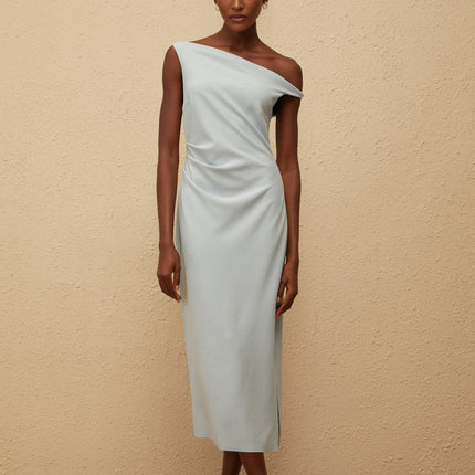 Gianna Midi Dress in Blue one-shoulder sleeveless fitted waistline gathering details side slit side zip fastening calf-length light blue Terylene fiber upscale occasion