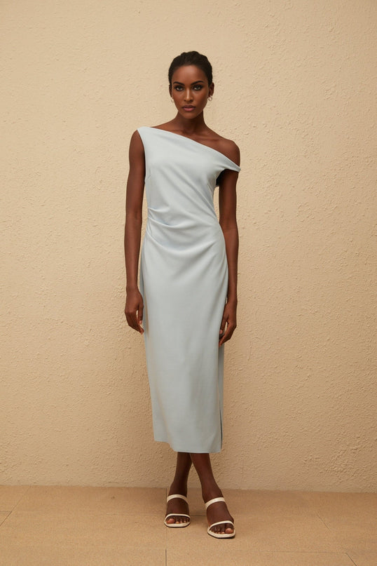 Gianna Midi Dress in Blue one-shoulder sleeveless fitted waistline gathering details side slit side zip fastening calf-length light blue Terylene fiber upscale occasion