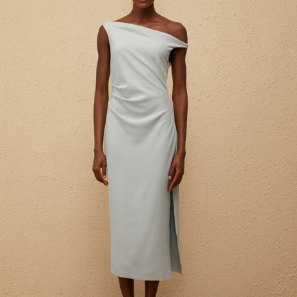 Gianna Midi Dress in Blue one-shoulder sleeveless fitted waistline gathering details side slit side zip fastening calf-length light blue Terylene fiber upscale occasion