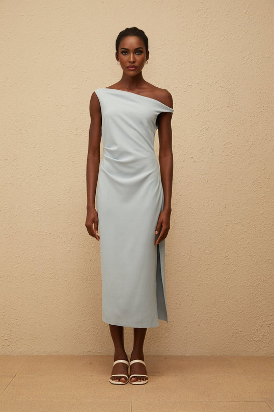 Gianna Midi Dress in Blue one-shoulder sleeveless fitted waistline gathering details side slit side zip fastening calf-length light blue Terylene fiber upscale occasion