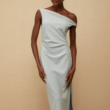 Gianna Midi Dress in Blue one-shoulder sleeveless fitted waistline side slit side zip fastening calf-length light blue Terylene fiber upscale occasion