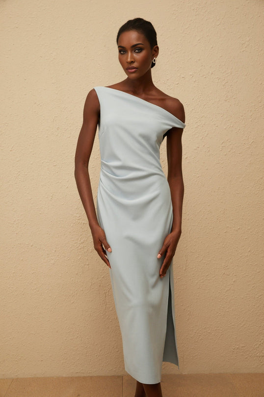 Gianna Midi Dress in Blue one-shoulder sleeveless fitted waistline side slit side zip fastening calf-length light blue Terylene fiber upscale occasion