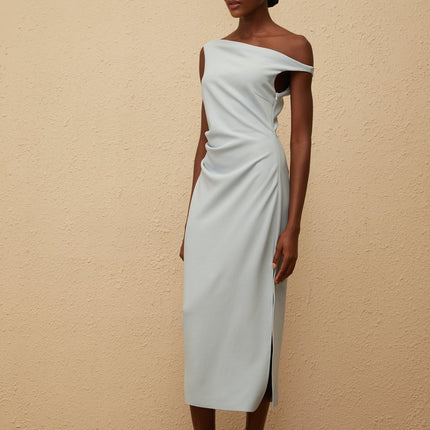 Gianna Midi Dress in Blue one-shoulder sleeveless fitted waistline gathering details side slit side zip fastening calf-length light blue Terylene fiber upscale occasion