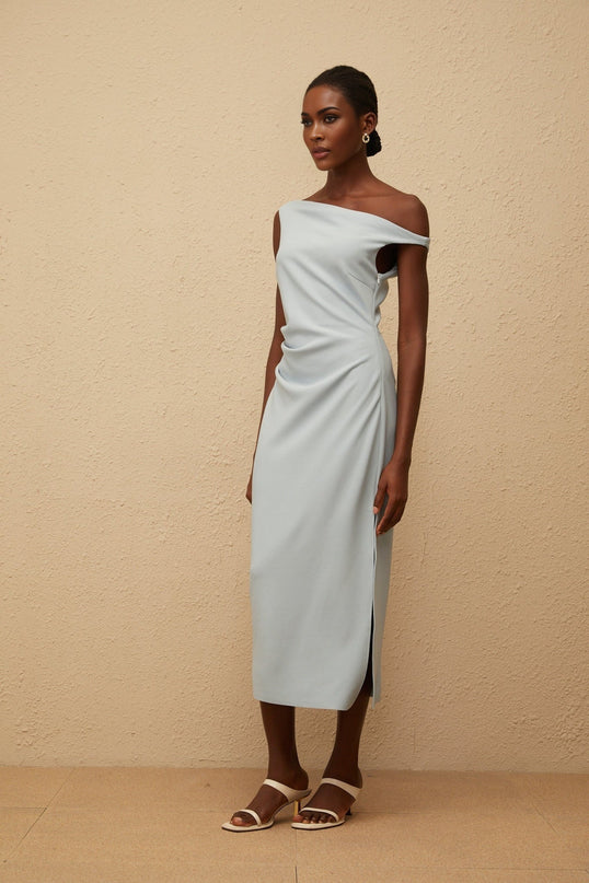 Gianna Midi Dress in Blue one-shoulder sleeveless fitted waistline gathering details side slit side zip fastening calf-length light blue Terylene fiber upscale occasion