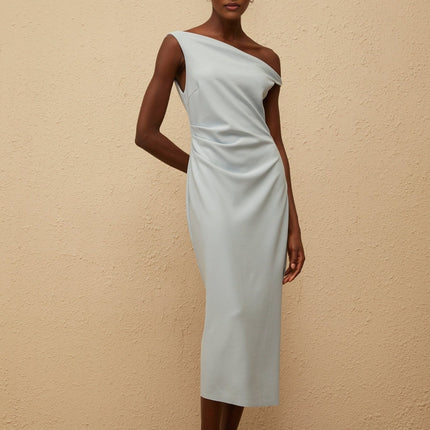 Gianna Midi Dress in Blue one-shoulder sleeveless fitted waistline gathering details side slit side zip fastening calf-length light blue Terylene fiber upscale occasion