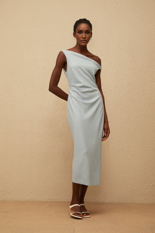 Gianna Midi Dress in Blue one-shoulder sleeveless fitted waistline gathering details side slit side zip fastening calf-length light blue Terylene fiber upscale occasion