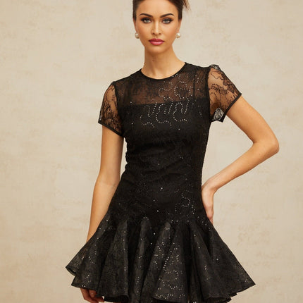 Giannina Black Floral Embroidered Sequin Mini Dress