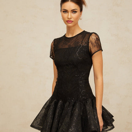 Giannina Black Floral Embroidered Sequin Mini Dress