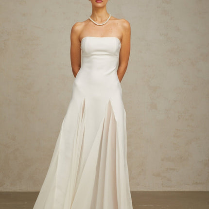 Giannina White Maxi Dress Pleated Tulle Off-Shoulder Cinched Waist Godet Silhouette Rayon Nylon Spandex