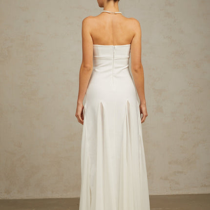 Giannina White Maxi Dress with Pleated Details and Tulle Panelling