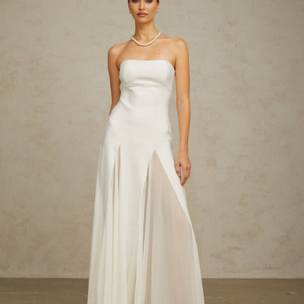 Giannina White Maxi Dress Pleated Tulle Off-Shoulder Godet Silhouette