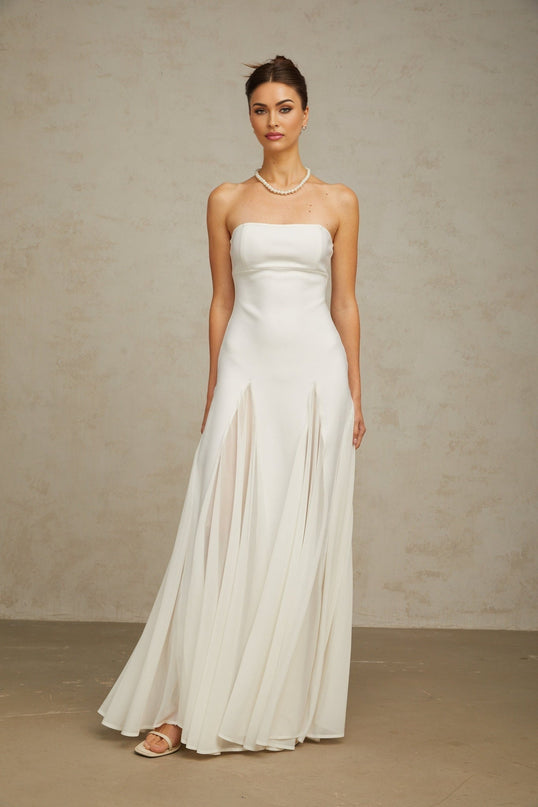 Giannina White Maxi Dress with Pleated Details and Tulle Panelling Off-the-Shoulder Design Cinched Waist and Godet Silhouette in Rayon Nylon Spandex Blend