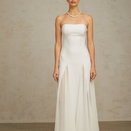 Giannina White Maxi Dress Pleated Tulle Off-Shoulder Godet Silhouette