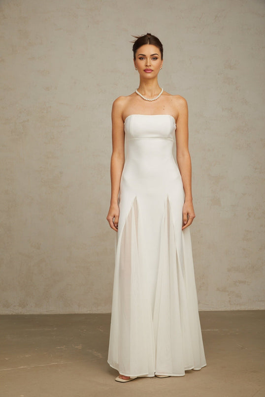 Giannina White Maxi Dress Pleated Tulle Off-Shoulder Godet Silhouette