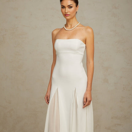 Giannina White Maxi Dress with Pleated Details and Tulle Panelling Off-the-Shoulder Design Cinched Waist and Godet Silhouette