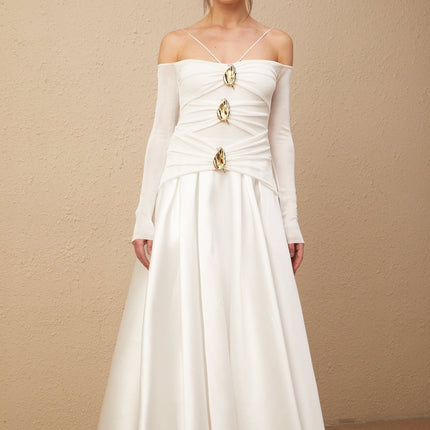 Giannina White Maxi Dress with Gold-Tone Hardware and Flared Skirt