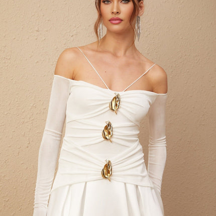 Giannina White Maxi Dress Off-Shoulder Gold Hardware Flared Skirt Pleated Detailing Ankle-Length Long Sleeves Spaghetti Straps Gathered Effect Polyester Cotton