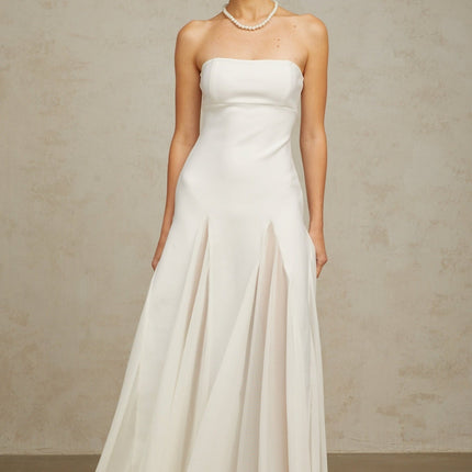 Giannina White Maxi Dress Pleated Tulle Off-Shoulder Cinched Waist Godet Silhouette Regal Elegant