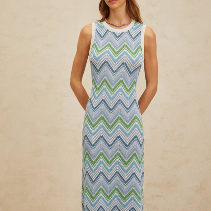 Gilda Blue Multicolor Chevron Knit Midi Dress with Side Slit