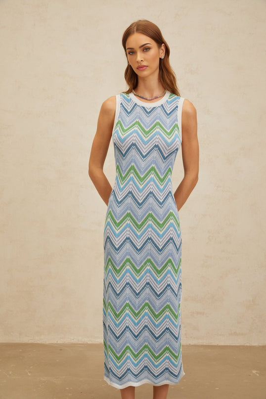 Gilda Blue Multicolor Chevron Knit Midi Dress with Side Slit