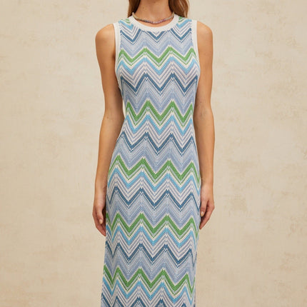 Gilda Blue Multicolor Chevron Knit Midi Dress