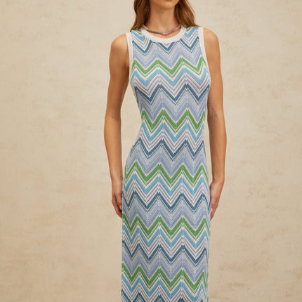 Gilda Blue Multicolor Chevron Knit Midi Dress
