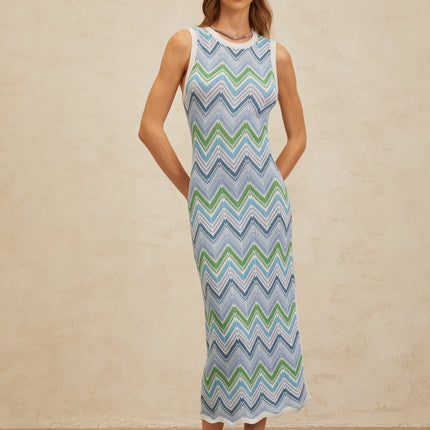 Gilda Blue Multicolor Chevron Knit Midi Dress